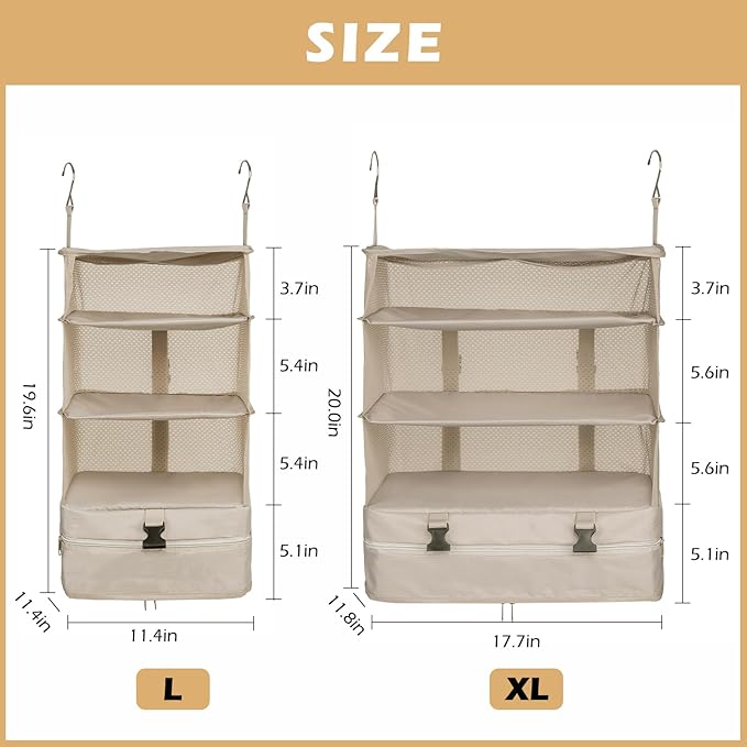 Surblue Hanging Closet Storage Bag Collapsible 3-Shelf Washable Oxford Fabric with 2 Hooks (XL 17.71 * 11.81 * 20in, Beige)