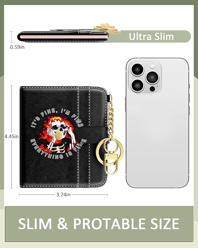 Aiawoxc Womens Wallet, RFID Small Wallets for Women, Slim Compact Credit Card Holder, Cute Leather Bifold Ladies Purse with Zipper Coin Pocket and ID Window, Skull