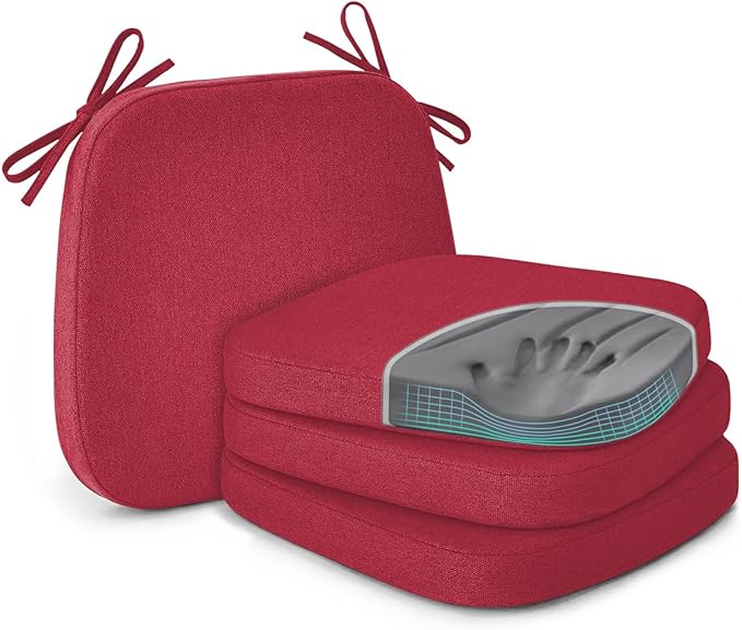 Shinnwa Dining Chair Cushions Set of 4, Patented Design Memory Foam Seat Cushions for Dining Chairs with Ties and Washable Cover, 4 Pack, 17" x 16" x 2", Burgundy