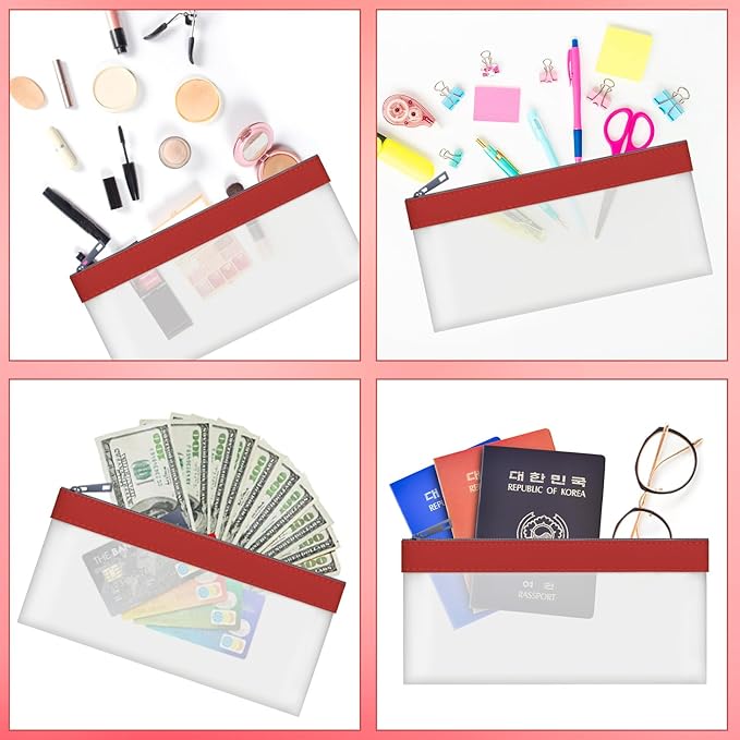 4 Pieces Money Bags With Zipper, Cash Envelopes, 7.6 x 3.7 Inch Money Pouch, Clear Bank Deposit Bag, Coin Bag for Collectors, Multi-Purpose Check Wallet (Red)