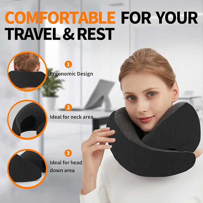Travel Neck Pillow Airplane, Memory Foam Travel Pillows for Comfort on Sleeper Hold Compact and Ergonomic Design for Traveling Car Rides Home Road Trip Essentials for Adults and Kids (Black)