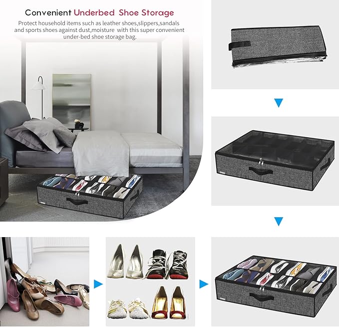 Onlyeasy Under Bed Shoe Storage Organizer with Sturdy Handles and Clear Window 1 Pack Fits 12 Pairs, Premium Foldable Underbed Shoes Container Box for Closet, Linen-like Black, MXAUBSB1P