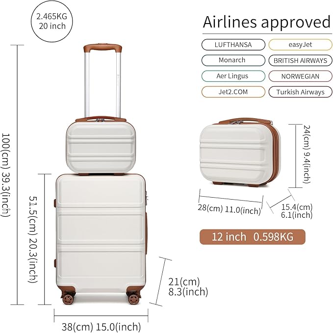 Kono Carry On Luggage Set Airline Approved Lightweight PC+ABS Carry On Suitcase with TSA Lock Spinner Wheels Durable Luggage Hardside White