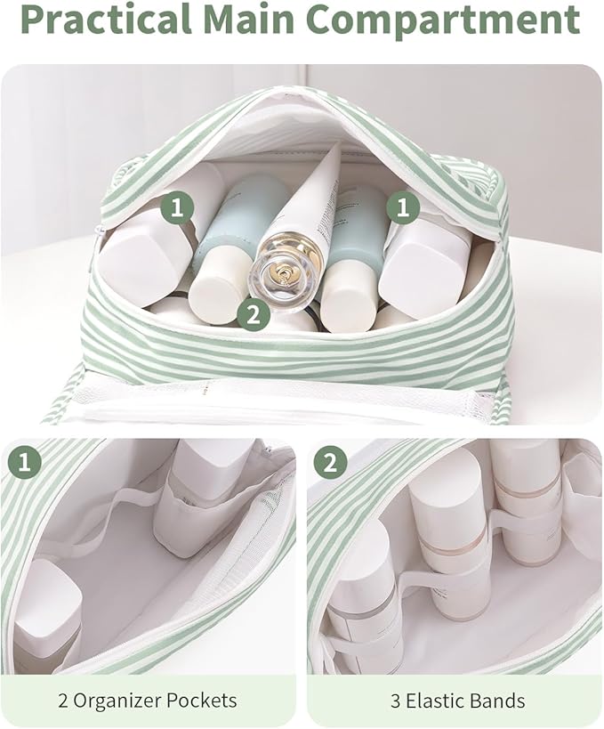 Narwey Small Hanging Toiletry Bag for Travel Women Girl, Striped Toiletries Travel Bag with Hook, Hanging Makeup Bag Organizer Make Up Cosmetic Bags (Mint Green Stripe)