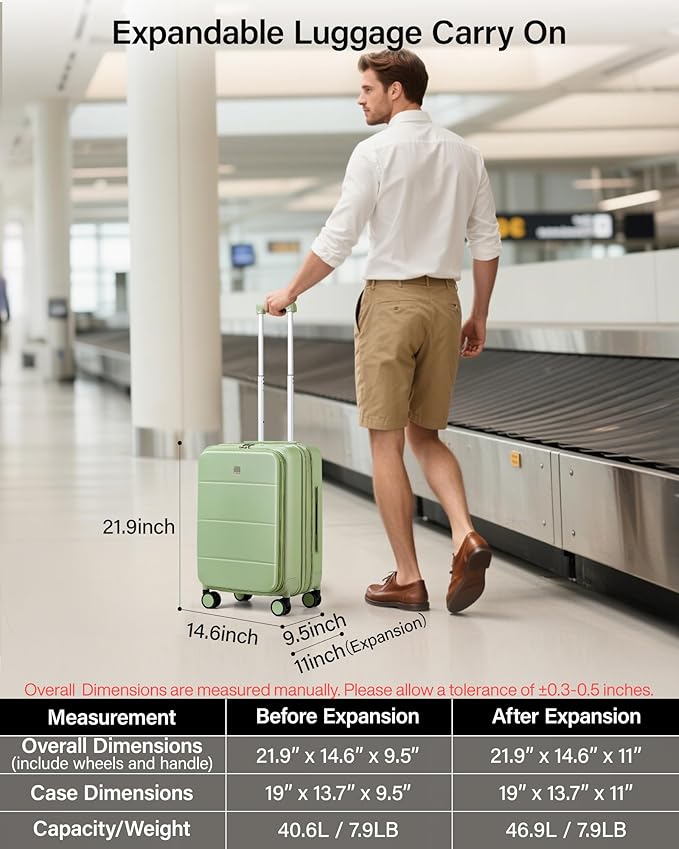 MILADA 20-Inch Expandable Carry On Luggage, Hard Shell Top-Opening Luggage with Wheels, TSA-Approved Small Travel Bag for Men and Women Carry-On Suitcase, Bamboo Green