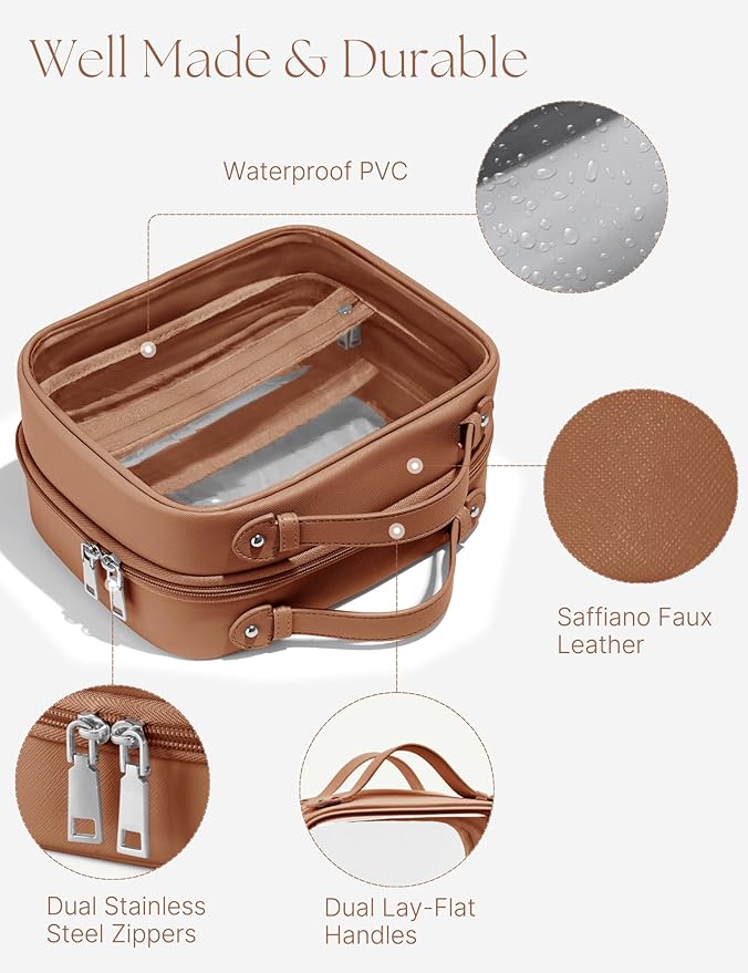 Clear Cosmetic Bag Double Layer Travel Toiletry Bag Clear Makeup Bag Case with 4 Compartments, Transparent Travel Bag for Toiletries, Large Toiletry Bag for Women Cosmetic Case (Brown, Large)