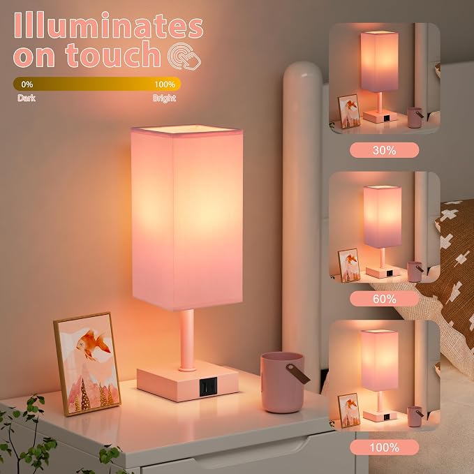 Touch Table Lamp for Bedroom - Dimmable, USB C+A, Pink Lamphade Pink Base | 3-Way Dimmable, 3000K LED Bulb Included, Square Lampshade, Cute Room Decor for Teen Girls, Kids, Small Lamp for Dorm, Nursery