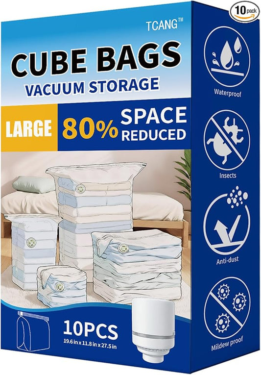 10 PACK Cube Vacuum Storage Bags,Large Cube (19.6 * 27.5 * 11.8 Inch),Electric Pump， Extra Large Vacuum Seal Bags for Clothing, Comforters, Blankets, Bedding, Closet Organization Space Saving