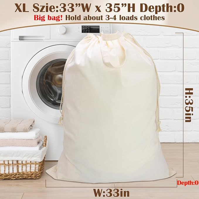 Canvas Laundry Bag 33"Wx 35"H, Thick Canvas Laundry Bag with Handles & Drawstring, Extra Large Heavy Duty Washable Basket Liner Hamper Liner Storage Sack (Beige XL, 2 Pack)