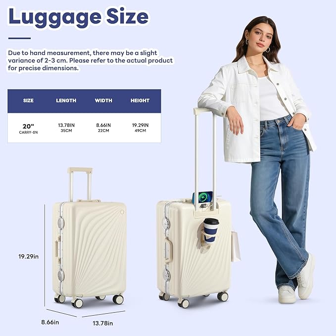 20 Inch Carry On Luggage, Zipperless Luggage with Spinner Wheels, Airline Approved Suitcase with Cup Holder, TSA Lock and USB Charger for Travel, Ivory White