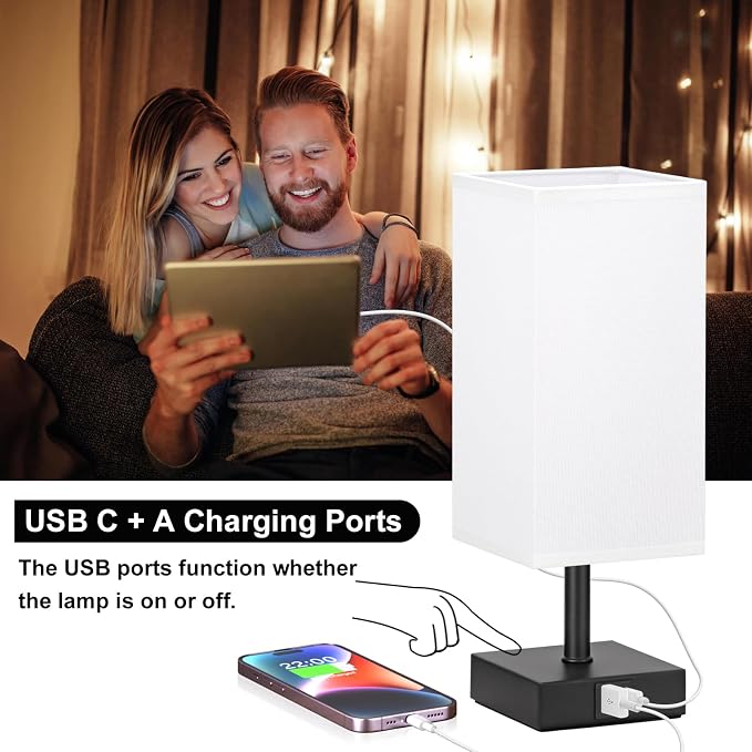 Touch Table Lamp for Bedroom - Dimmable, USB C+A, White Lamphade Black Base | 3-Way Dimmable, 3000K LED Bulb Included, Square Lampshade, Cute Room Decor for Teen Girls, Kids, Small Lamp for Dorm, Nursery