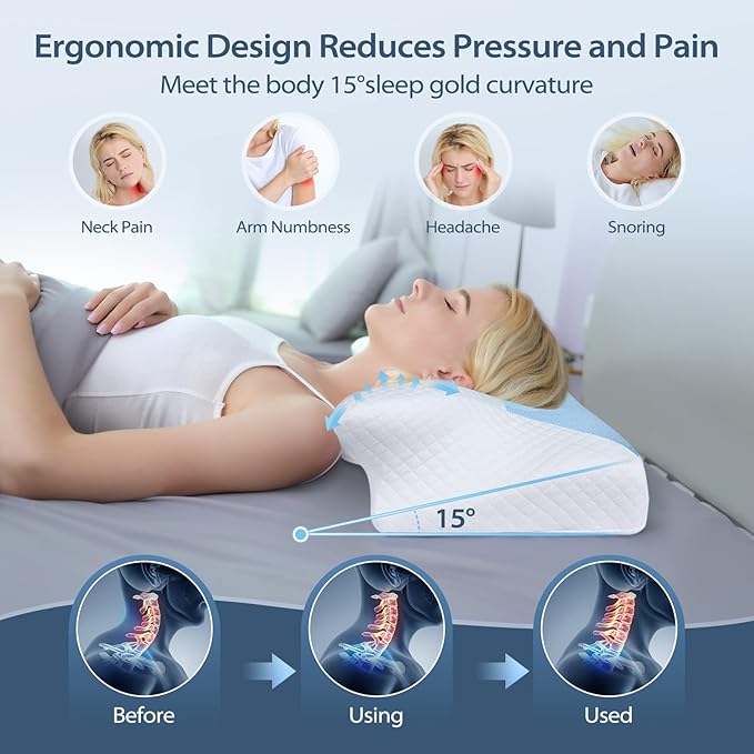HOMCA Cervical Pillow Memory Foam Pillows - Contour Memory Foam Pillow for Neck Pain Relief, Orthopedic Neck Bed Pillow for Side Sleepers Back and Stomach