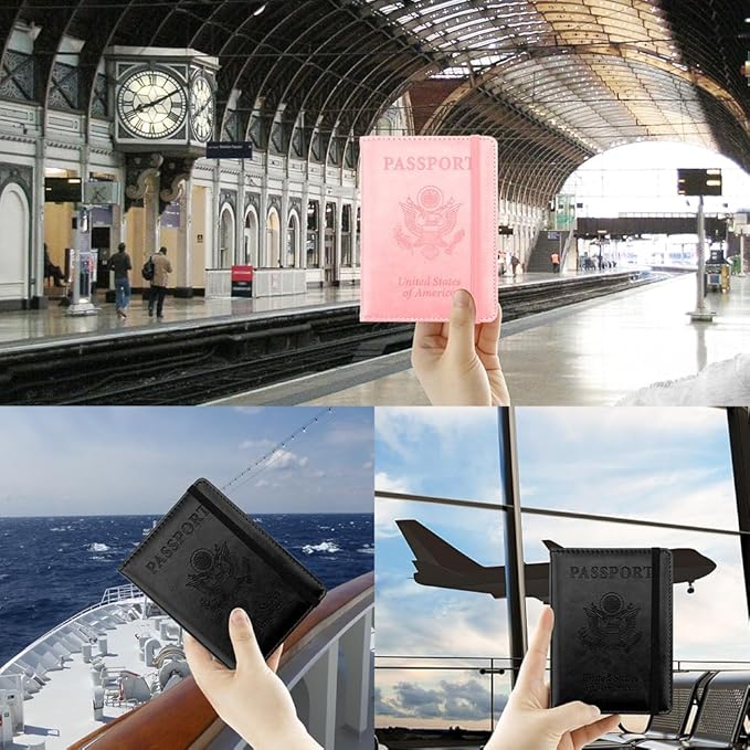 Passport Holder for Travel, 2 Pack Passport Cover, Waterproof Passport Wallet Leather Passport Holder Pen Holder Passport Holders for Women Men Family Travel Must Haves Essentials, Pink+Black