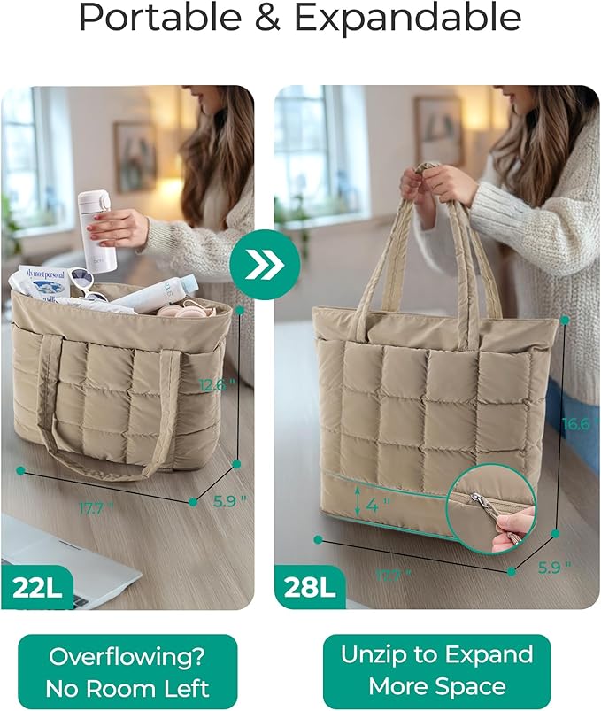 BAGSMART Expandable Tote Bag for Women, Puffer Work Tote Handbag, Quilted Carry On Bag for Travel Gym