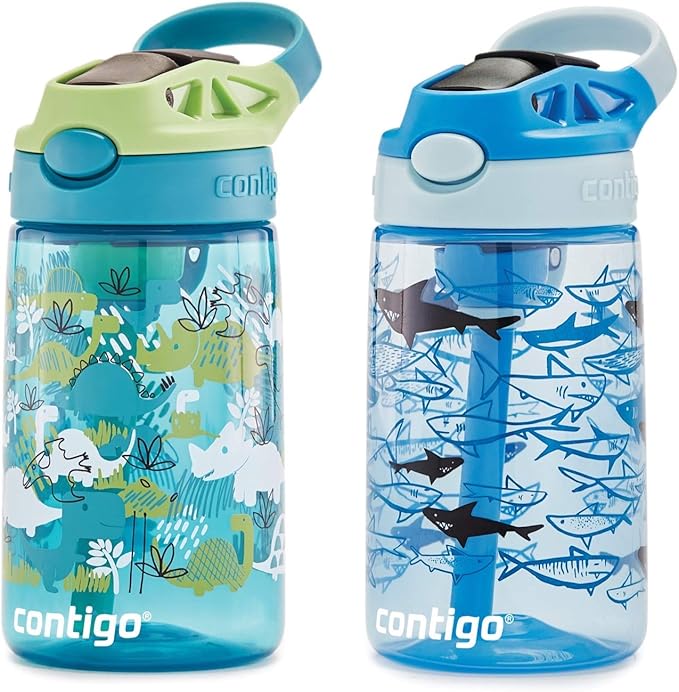 Contigo Aubrey Kids Water Bottle,14oz,Dinos & Sharks,Spill-Proof Lid,Dishwasher Safe,Blue & Green,(Pack of 8)