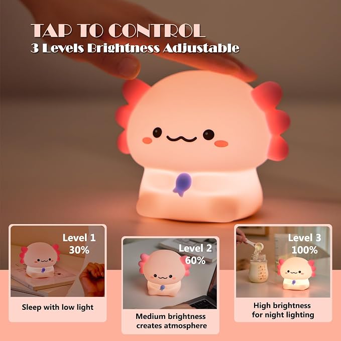 Axolotl Silicone Night Light, Cute Animal LED Bedside Lamp for Bedroom