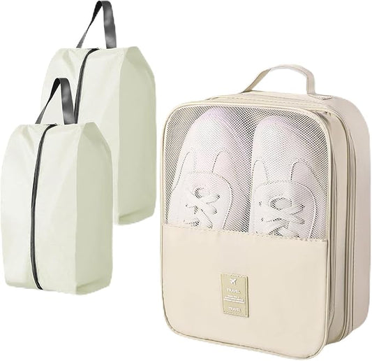 Shoe Bags for Travel Holds 3 Pair of Shoes, Shoe Storage Pouch with 2 Pack Portable Bags, Waterproof & Washable, Cream
