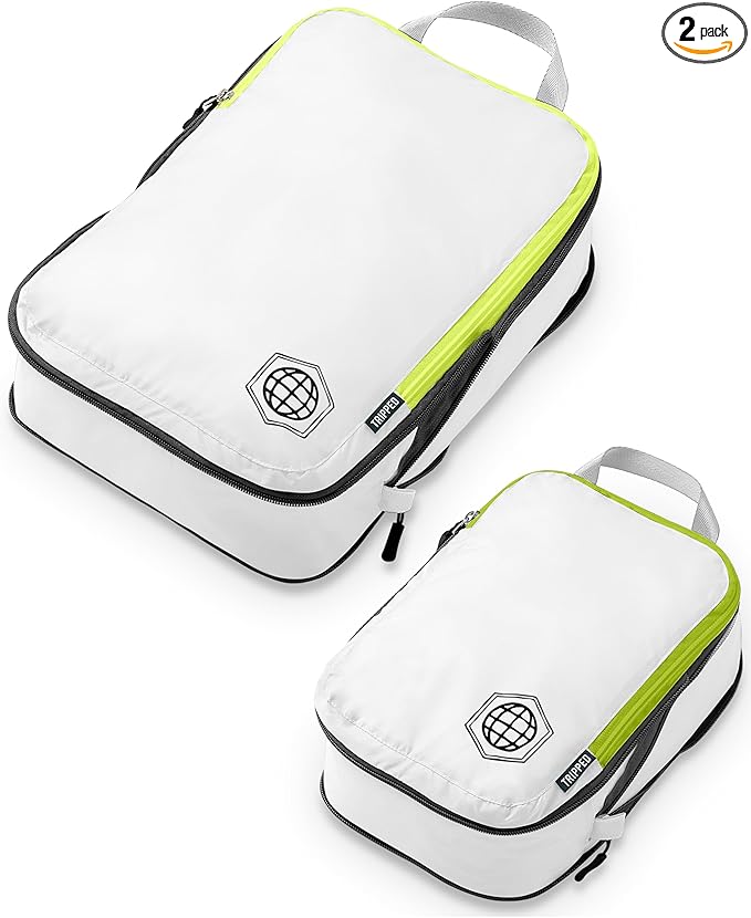 Compression Packing Cubes 2 Piece Set for Carryon Suitcases- Lightweight, Durable Clothes Organizer (White and Green)