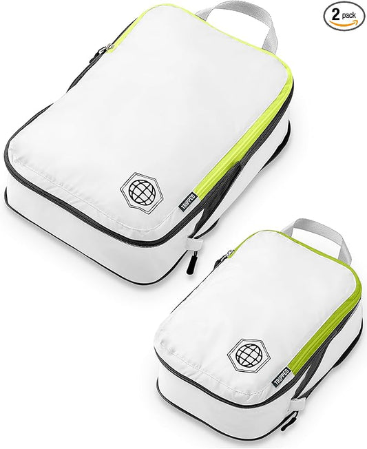 Compression Packing Cubes 2 Piece Set for Carryon Suitcases- Lightweight, Durable Clothes Organizer (White and Green)