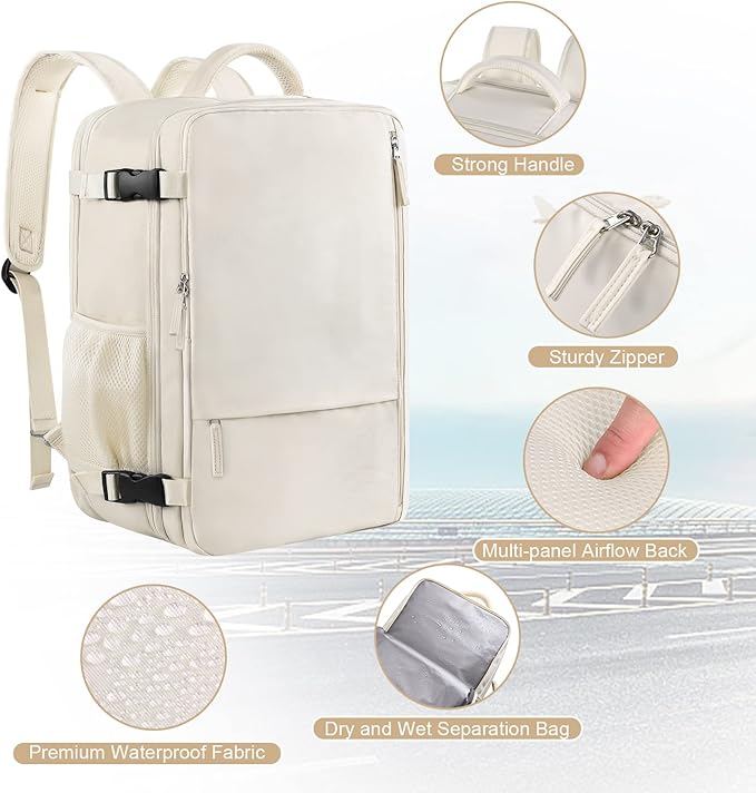 Travel Backpack for Women, Expandable 40L Carry on Flight Approved Backpack, 17 Inch Laptop Waterproof Travel Bag for College, Travel, Work, Beige
