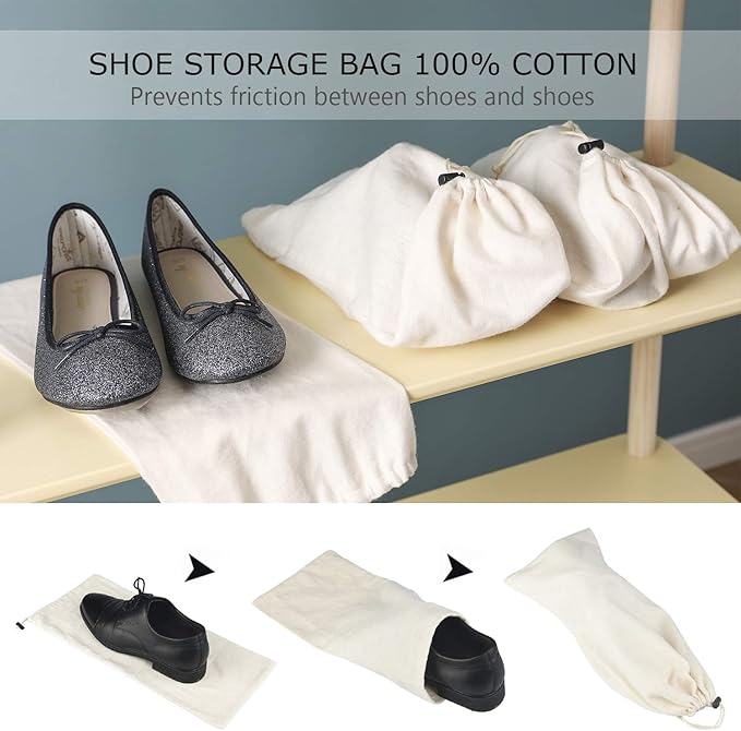 PlasMaller Shoe Storage Bags 100% Cotton with Drawstring for Men and Women for Travel Protecting and Storing Shoes