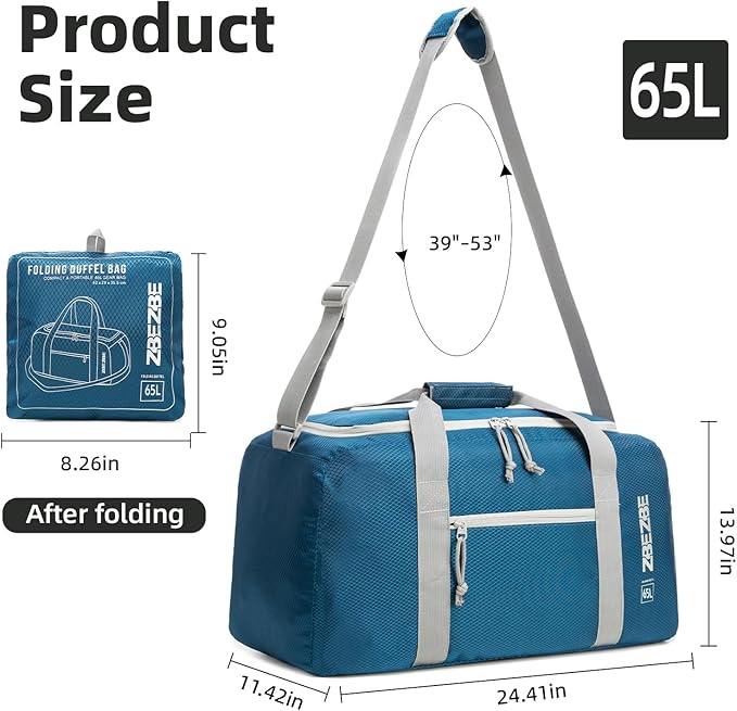 Foldable Travel Duffel Bag, Lightweight & Easy to Carry Water-Repellent Duffle Bag - 2-Way Zipper & Interior Pouch, Ideal for Weekend Trips, Daily Use,Camping，Sports