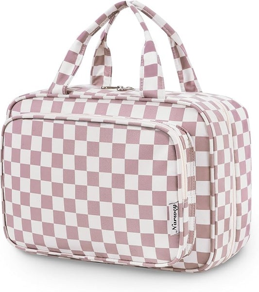 Narwey Travel Toiletry Bag for Women Large Hanging Makeup Bag Organizer Toiletries Bag for Full Size Essentials Accessories Cosmetics (Dusty Pink Checkerboard (Large))