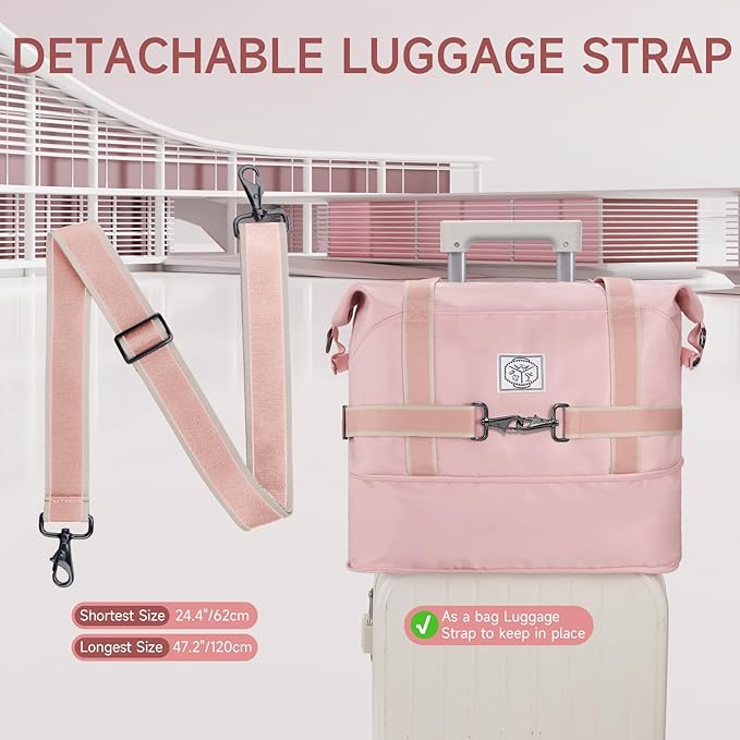 WALNEW Travel Duffel Bag, Weekender Overnight Carry On Bag for Women Men, Foldable Waterproof Gym Luggage Duffle Bag with Metal Buckle Detachable Shoulder Strap and Wet Compartment (Pink)