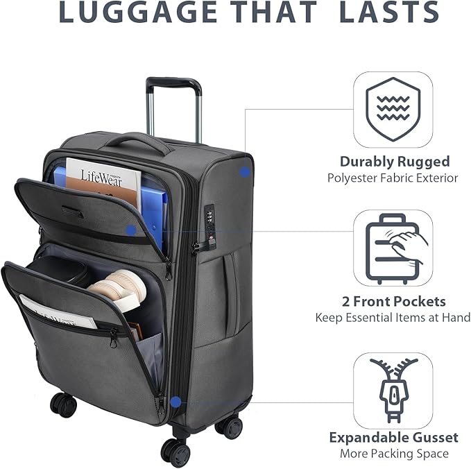 KROSER Softside Expandable checked Luggage with Front Business Pockets，24 Inch Suitcases with Spinner Wheels & Built-in TSA Lock, Durable Suitcase Rolling Luggage, Grey