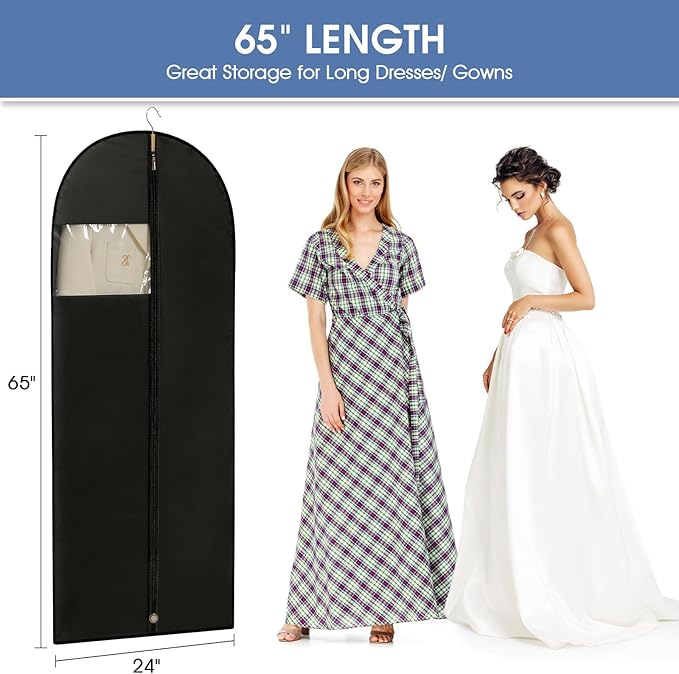 Dress Bags for Gowns, 65'' Long Garment Bags for Hanging Clothes, Dress Garment Bag, Black Dress Bag with Clear Window for Dresses, Coats, Uniforms（2 Packs）