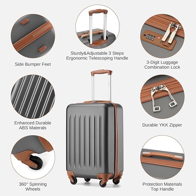 Kono 20-Inch Small Hardside Carry-on Suitcase with Spinner Wheels, Lightweight ABS+PC Rolling Cabin Suitcase for Airplane Travel (Grey Brown, for 1-3 Days of Travel)