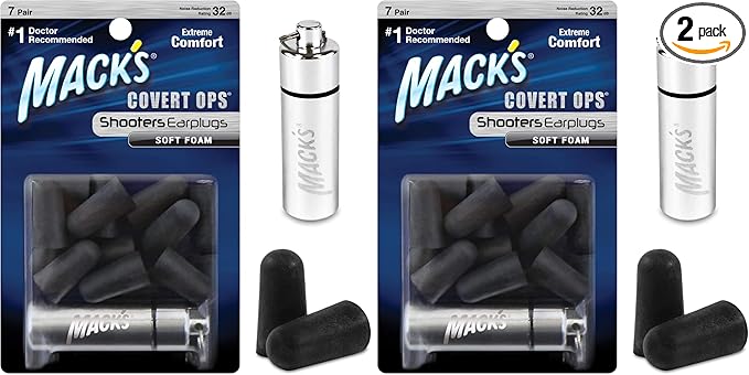 Mack's Covert Ops Soft Foam Shooting Ear Plugs, 7 Pair Plus Travel Case - 32 dB High NRR, 37dB SNR - Comfortable Earplugs for Hunting, Tactical, Target, Skeet and Trap Shooting (Pack of 2)