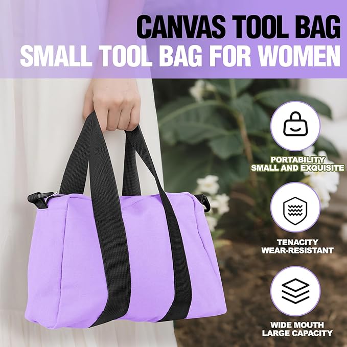 Small Tool Bag, Canvas Tool Storage Bag, Large Capacity Multipurpose Zipper Soft Tote Organizer Pouch for Electrician, Plumbing, Gardening,Tools Bags for Men (Purple, 14 Inch)