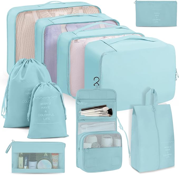 Packing Cubes 10 PCS, Mesh Breathable Luggage Organizers Bags, Packing Organizers, Durable Travel Essentials Bags Set, Travel Packing Organizers, Lake blue