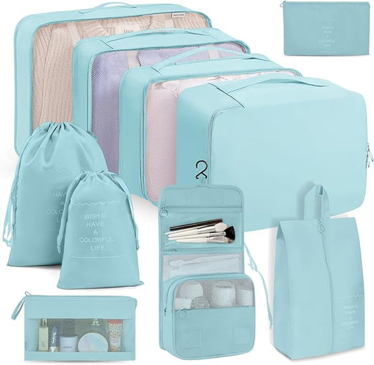 Packing Cubes 10 PCS, Mesh Breathable Luggage Organizers Bags, Packing Organizers, Durable Travel Essentials Bags Set, Travel Packing Organizers, Lake blue