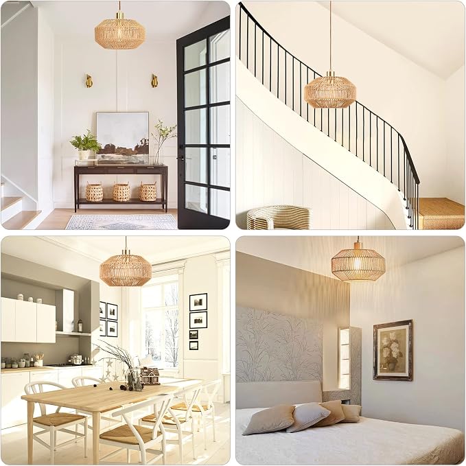 Qingmiao Boho Plug in Pendant Light, Handwoven Shade, 3 Way Bulb, 14ft Cord | Rattan Hanging Lamp Plug in, Dimmable Hanging Light Fixture for Living Room Bedroom Kitchen Ceiling Farmhouse Home Decor