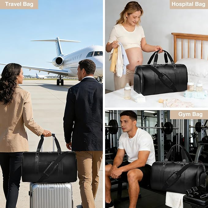 Large 3-in-1 Leather Duffle Bag for Travel Weekender Overnight Hospital Gym Bag for Men & Women, Carry On Airline Approved Personal Item Duffel Garment Bag Luggage with Shoe Compartment & Toiletry Bag
