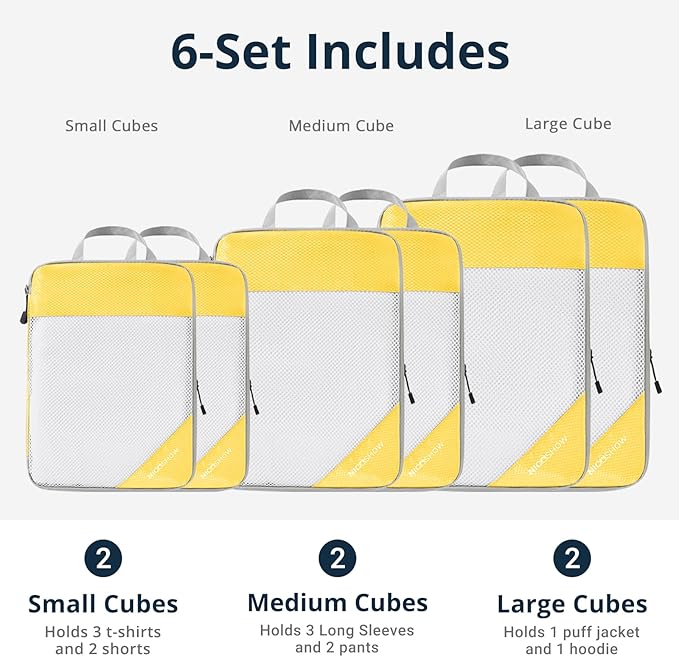 Compression Packing Cubes 6 Set, Compressible Space-Saving Packing Cubes for Travel - Compression Bags, Luggage Organizer, Travel Essentials for Women, Golden Yellow