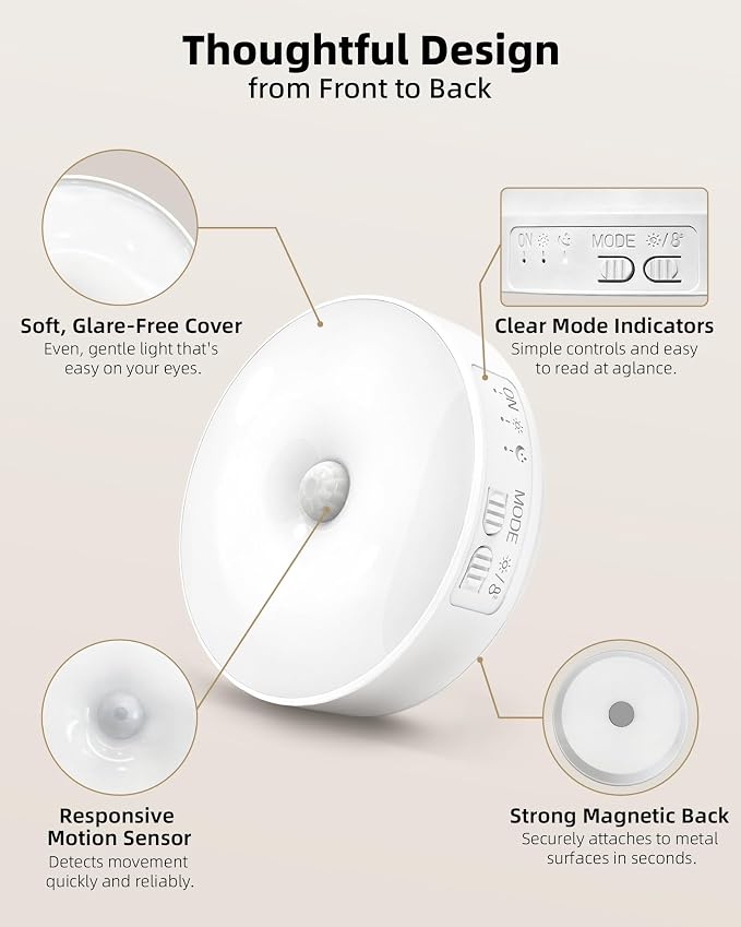 EZVALO 8 Pack Motion Sensor Closet Lights, 1200mAh Rechargeable Under Cabinet Lights, Night Lights, Puck Lights, Dimmable, 3 Color Temps, Magnetic, Stick-On for Kitchen, Stairs, Closet