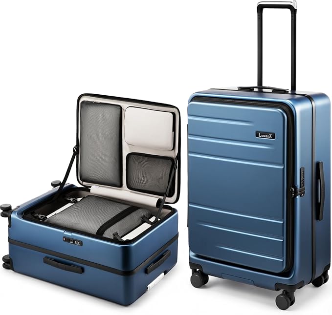 LUGGEX Top Opening Checked Luggage 26 Inch, FLA Aluminum Frame Trunk Style Luggage, Polycarbonate Hard Shell Suitcase (FX-Enhance, Blue, 80L)