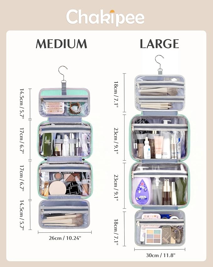 Travel Hanging Toiletry Bag for Women - Waterproof Cosmetic Organizer with Clear Window, Lightweight Bathroom Bags for Essentials, Makeup, Shampoo, Toiletries Green,Large