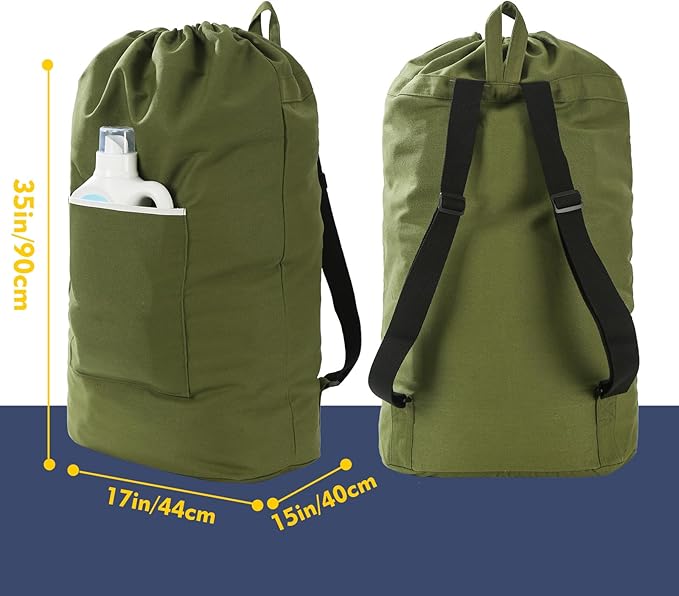 Canvas Laundry bag, Washable Laundry backpack, Adjustable Straps, Large Front Pocket, Drawstring Closure (ARMY GREEN, XX-Large)
