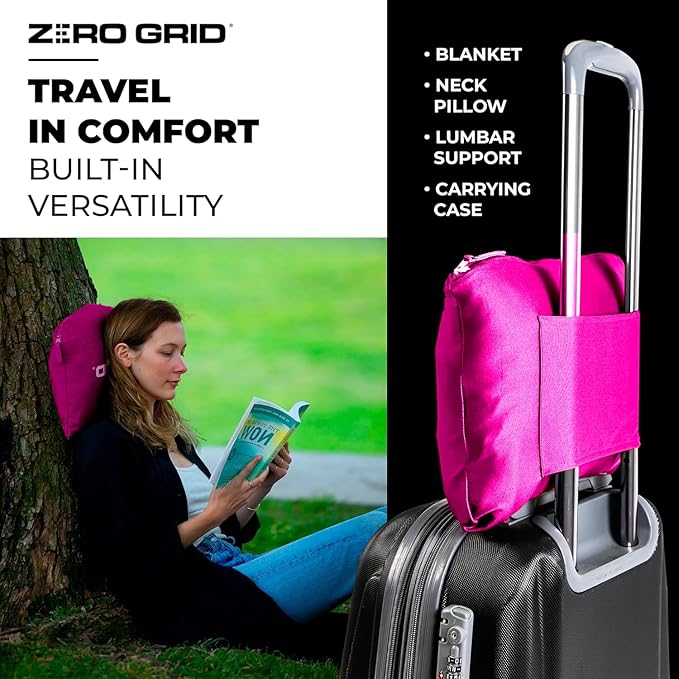 Zero Grid Lightweight Travel Blanket – Premium Compact Wearable Airplane Blanket with Neck Snaps, Cozy Foot Pockets, Zipper Pouch, converts to Soft Pillow for Ultimate Comfort - Hot Pink