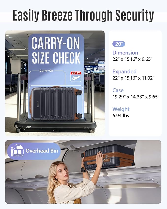 LIGHT FLIGHT Expandable Carry On Luggage 22x14x9 Airline Approved with Double Spinner Wheels, 20 Inch Lightweight Hard Shell Rolling Suitcases with TSA Lock, Black Brown