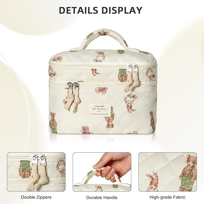 Makeup bag, Large Cosmetic Bag for Women Girls, Cute Quilted Makeup Bags, Floral Coquette Aesthetic Toiletry Bag, Travel Make Up Organizer Bag (Bear)
