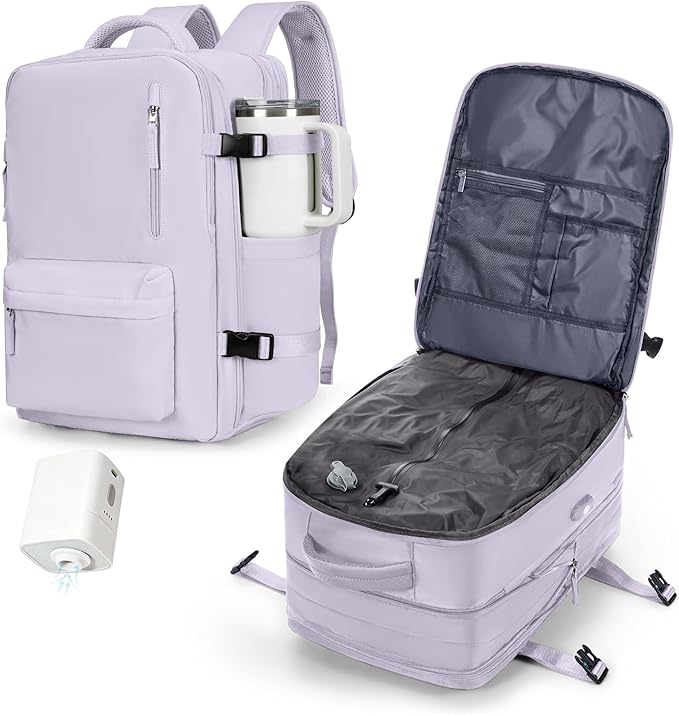 VECAVE Vacuum Backpack Travel with Pump, Expandable Personal Item Carry on Backpacks for Women Men, Laptop Waterproof Work Compression bags with USB Casual Daypack Purple