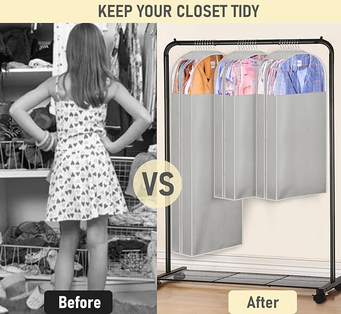 MISSLO 10" Gusseted Garment Bags for Hanging Clothes 40"+60" Clear Suit Bags for Closet Storage Dress Bag for Gowns Long Coat Protector, 3 Packs, Grey