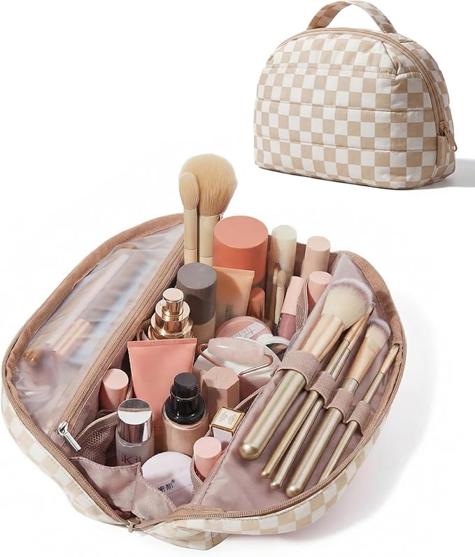 BAGSMART Travel Makeup Bag for Women, Portable Fold-down Cosmetic Case, Puffy Padded Make Up Organizer Pouch, Water-resistant Toiletry Bag for Toiletries, Brushes (Khaki Brown checkered Print)