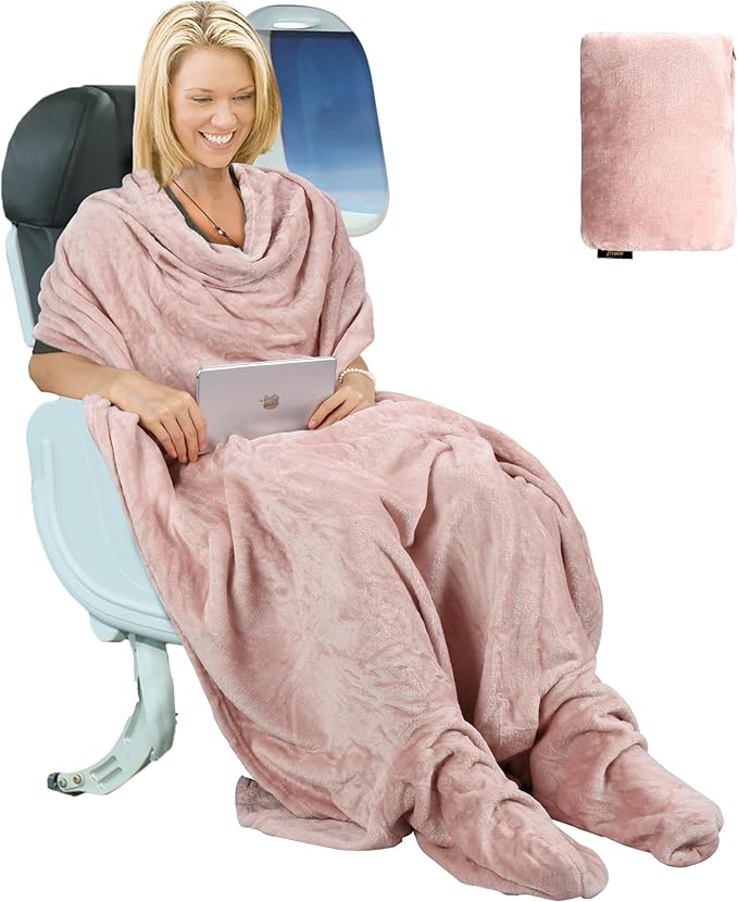 Tirrinia Travel Portable Blanket with Feet Pocket Airplane Office Poncho 4 in 1 Zippered Front Pocket Premium Cozy Fleece Blankets with Built-in Bag