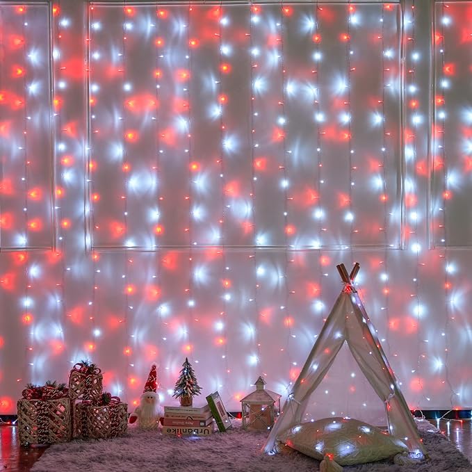 JMEXSUSS 300LED Red and White Christmas Curtain Lights for Bedroom, Plug in | 9.8x9.8ft, Remote Control, Dimmable, Twinkle Hanging String Lights for Window Wall Party Backdrop Indoor Outdoor Xmas Decor